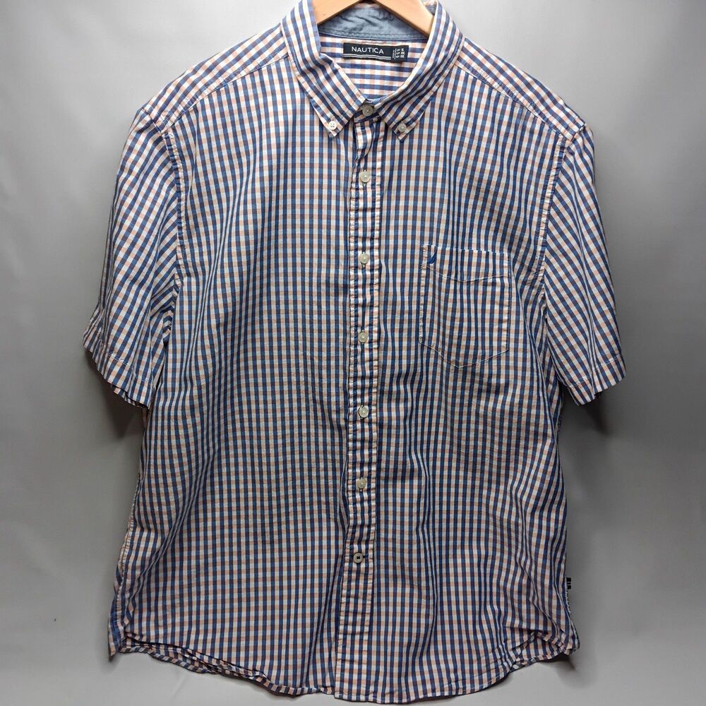 Nautica Men's Button-Up Short Sleeve Shirt Men’s XL Plaid White/Blue/Orange